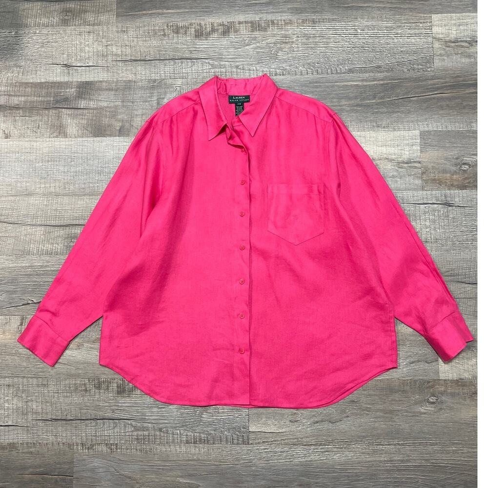 Ralph Lauren LRL 100% Linen Button Up Shirt 22W Pink Embroidered Logo Preppy Top